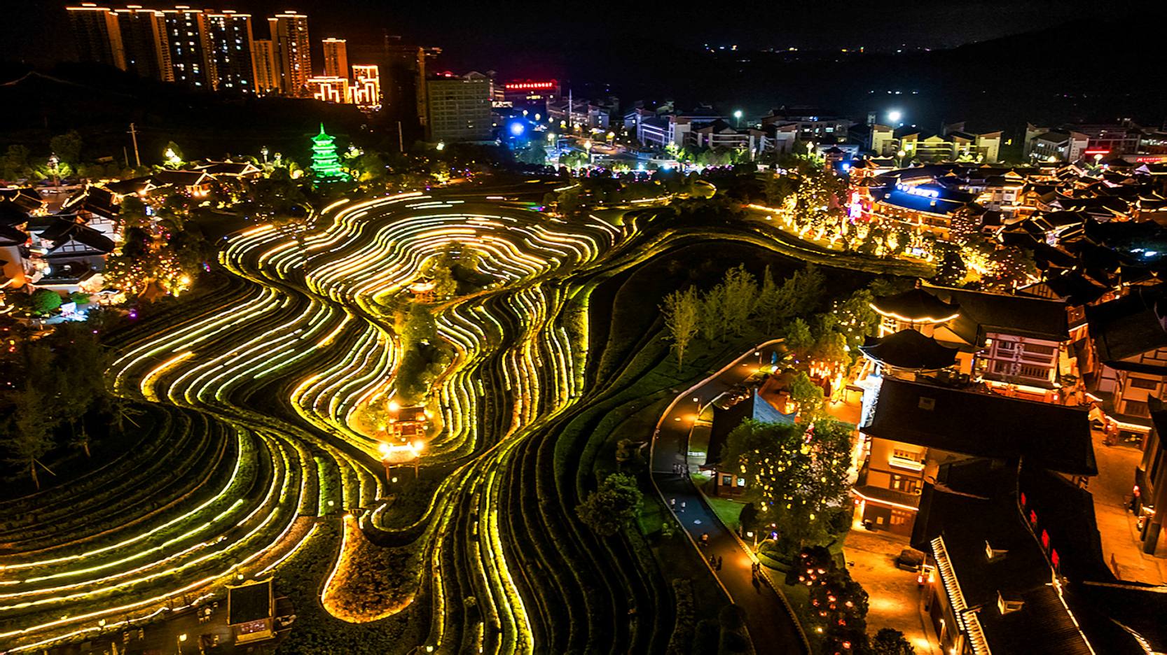 Terraced fields at night